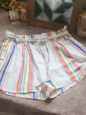 Plus Size Queens: 🌟 Summer Shorts with Multicolor Pastel Stripes, Pockets, Belt